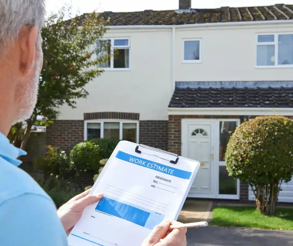 a man holding a clipboard in front of a house doing a roof estimate