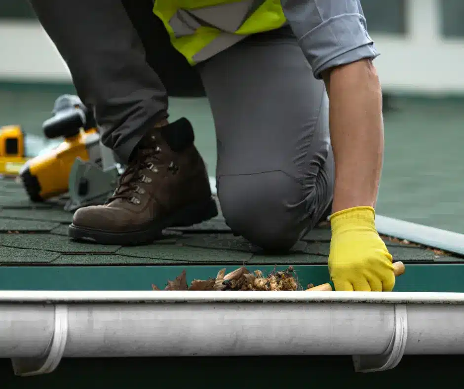 a person cleaning a gutter