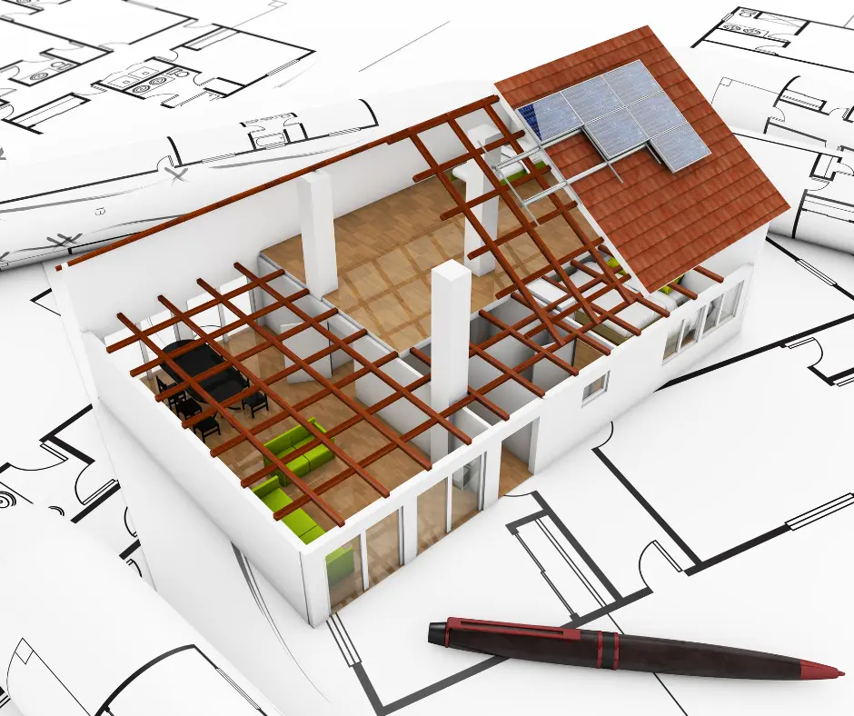 a 3D model of a house on top of blueprints-one way applying roofing technology