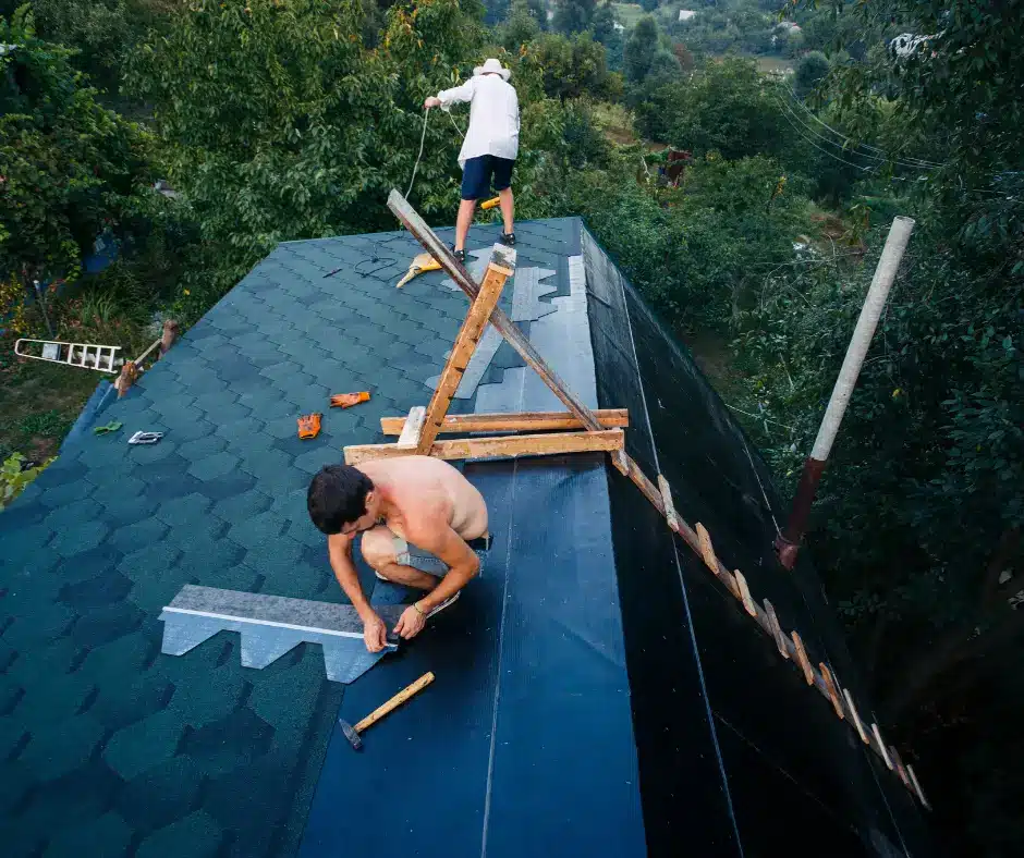 a man on a roof with a ladder and a man on a ladder