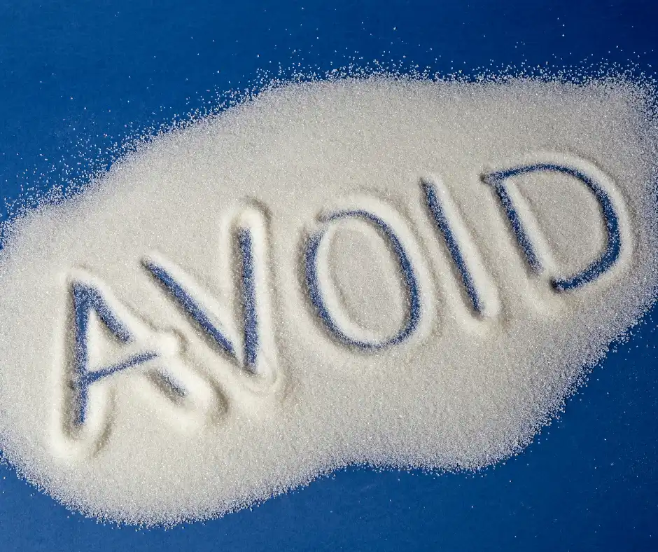 a pile of white sugar that says "avoid"