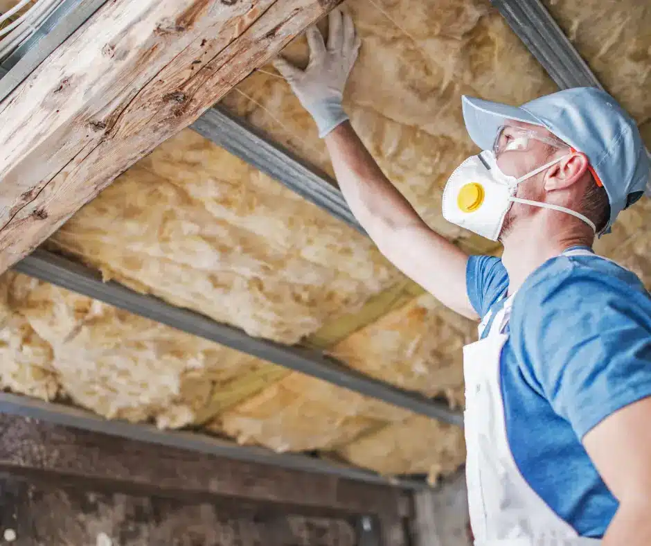 a man wearing a mask and gloves working on a roof underlayment