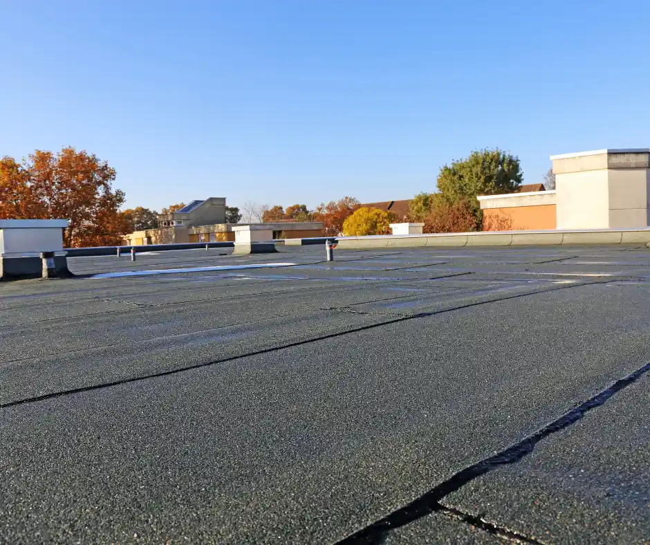 a flat roof top with trees in the background