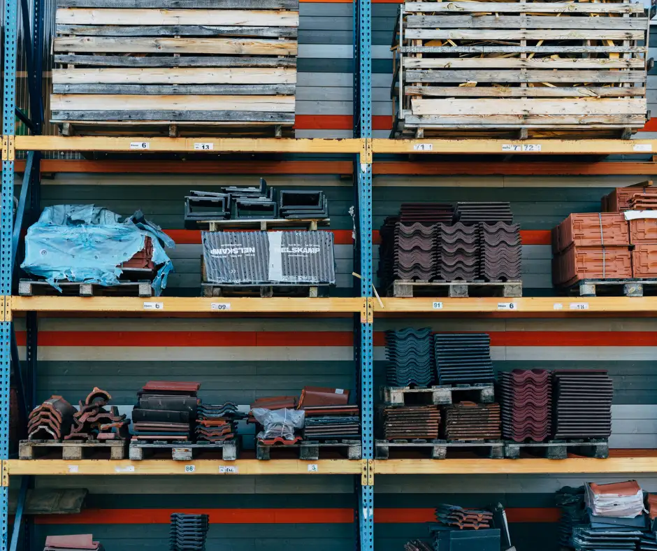 a shelf with pallets and pallets of roofing supplies and materials