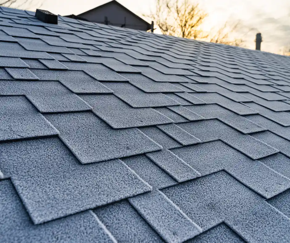 a close up of a roof with sun on the background