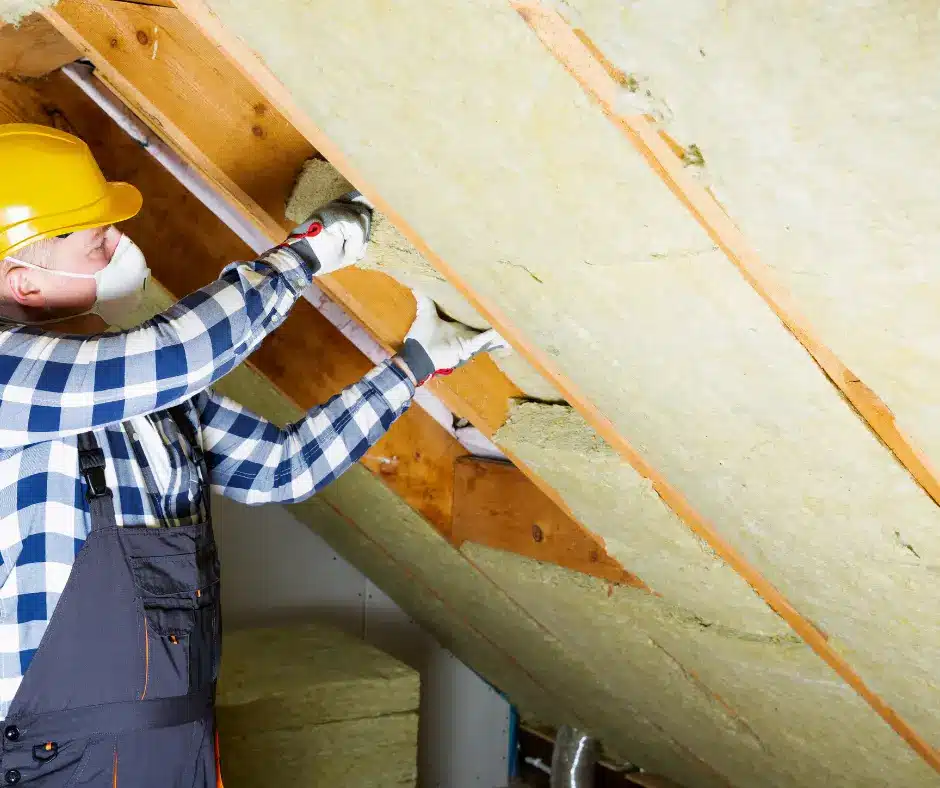 a man in a helmet installing insulation in the attic